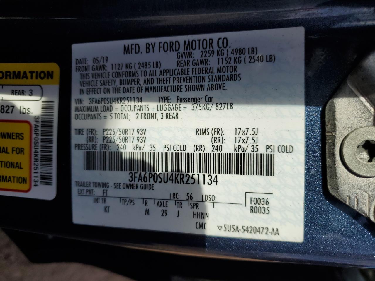 2019 Ford Fusion Titanium VIN: 3FA6P0SU4KR251134 Lot: 89860935