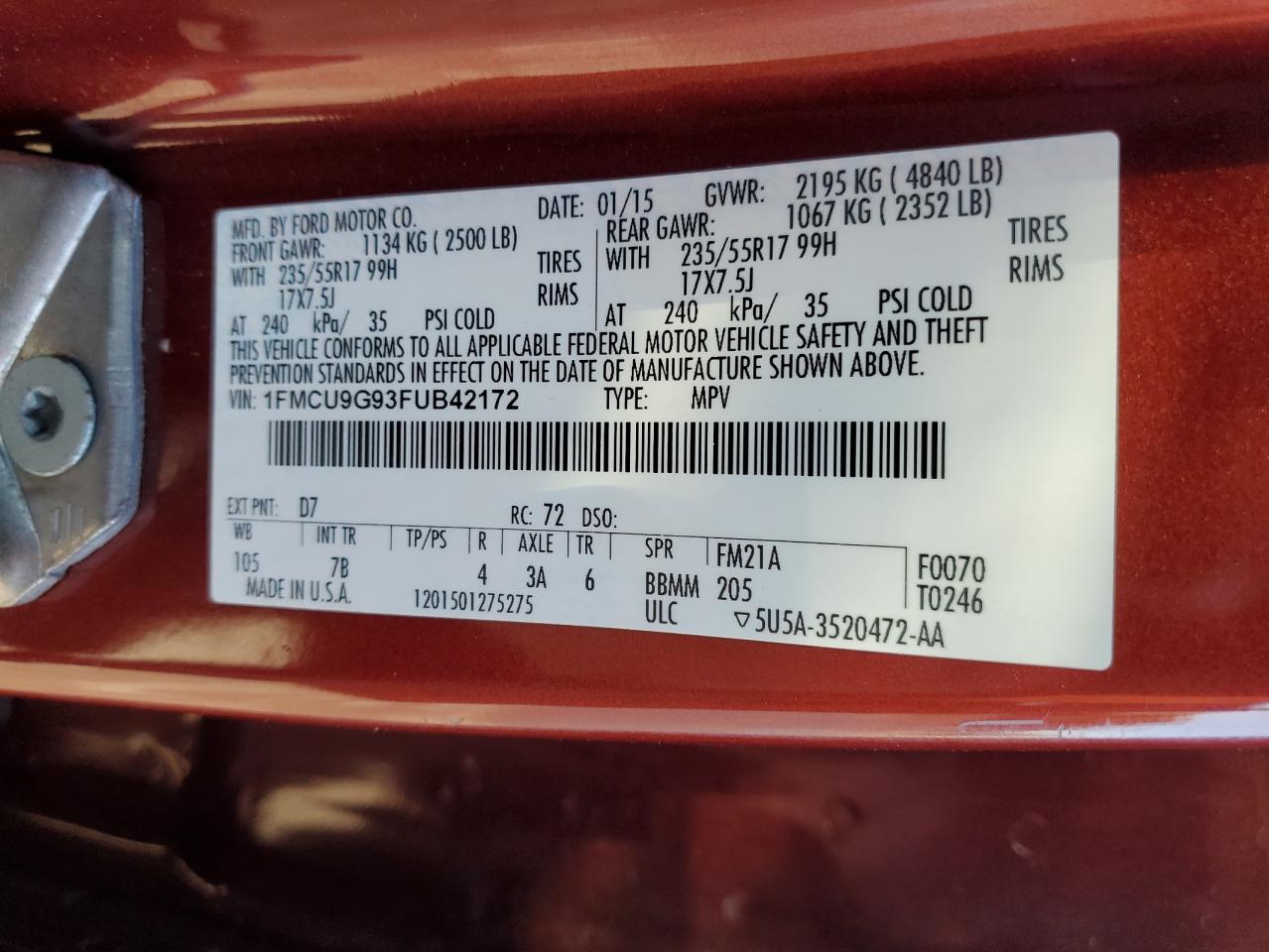 2015 Ford Escape Se VIN: 1FMCU9G93FUB42172 Lot: 87373225