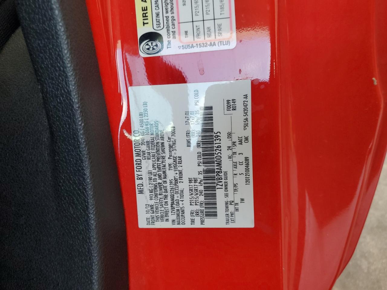 2013 Ford Mustang VIN: 1ZVBP8AM0D5261395 Lot: 82326855