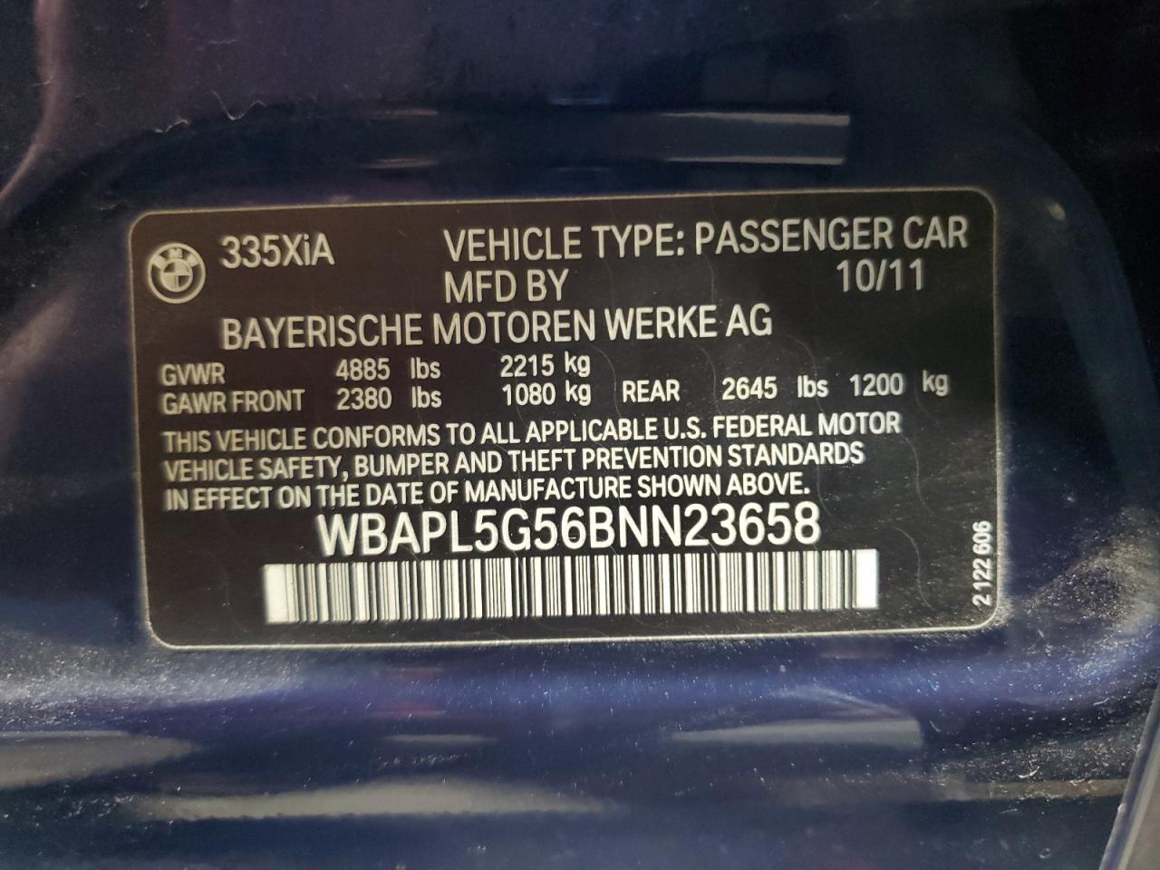 2011 BMW 335 Xi VIN: WBAPL5G56BNN23658 Lot: 86635855