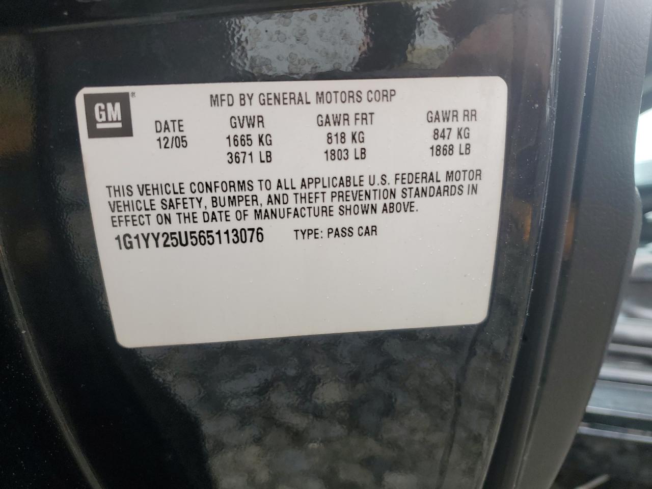 2006 Chevrolet Corvette VIN: 1G1YY25U565113076 Lot: 85653155