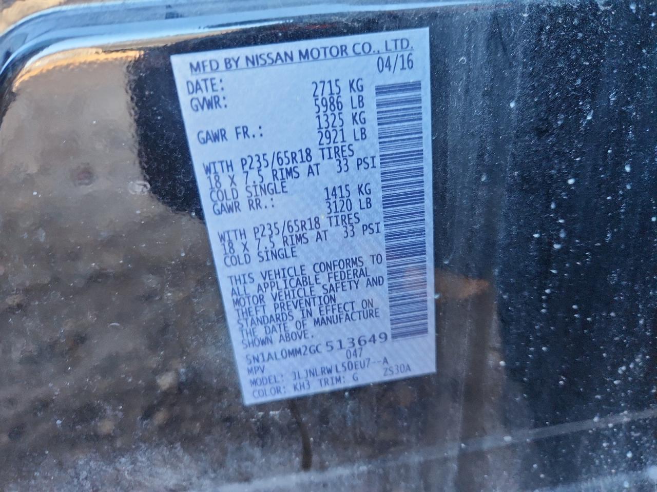 2016 Infiniti Qx60 VIN: 5N1AL0MM2GC513649 Lot: 89446425