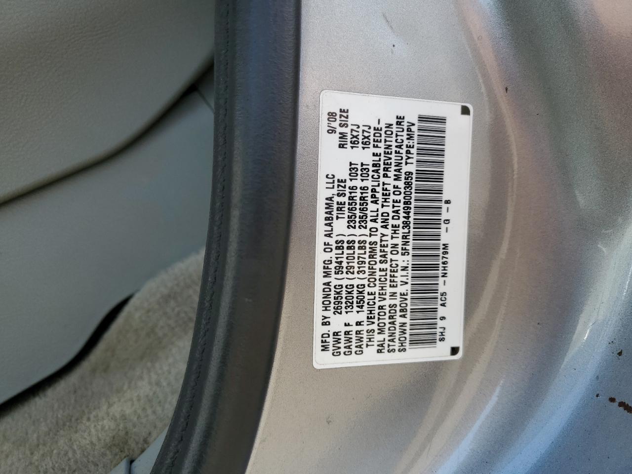 2009 Honda Odyssey Ex VIN: 5FNRL38449B003859 Lot: 85102815