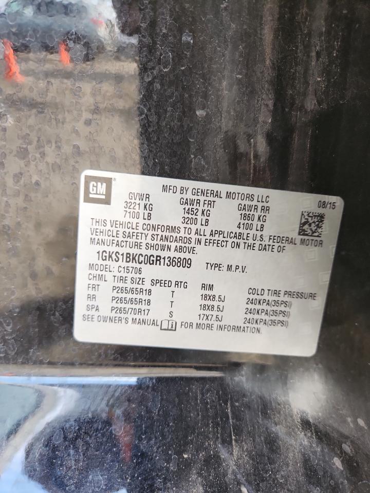 2016 GMC Yukon Slt VIN: 1GKS1BKC0GR136809 Lot: 85379255