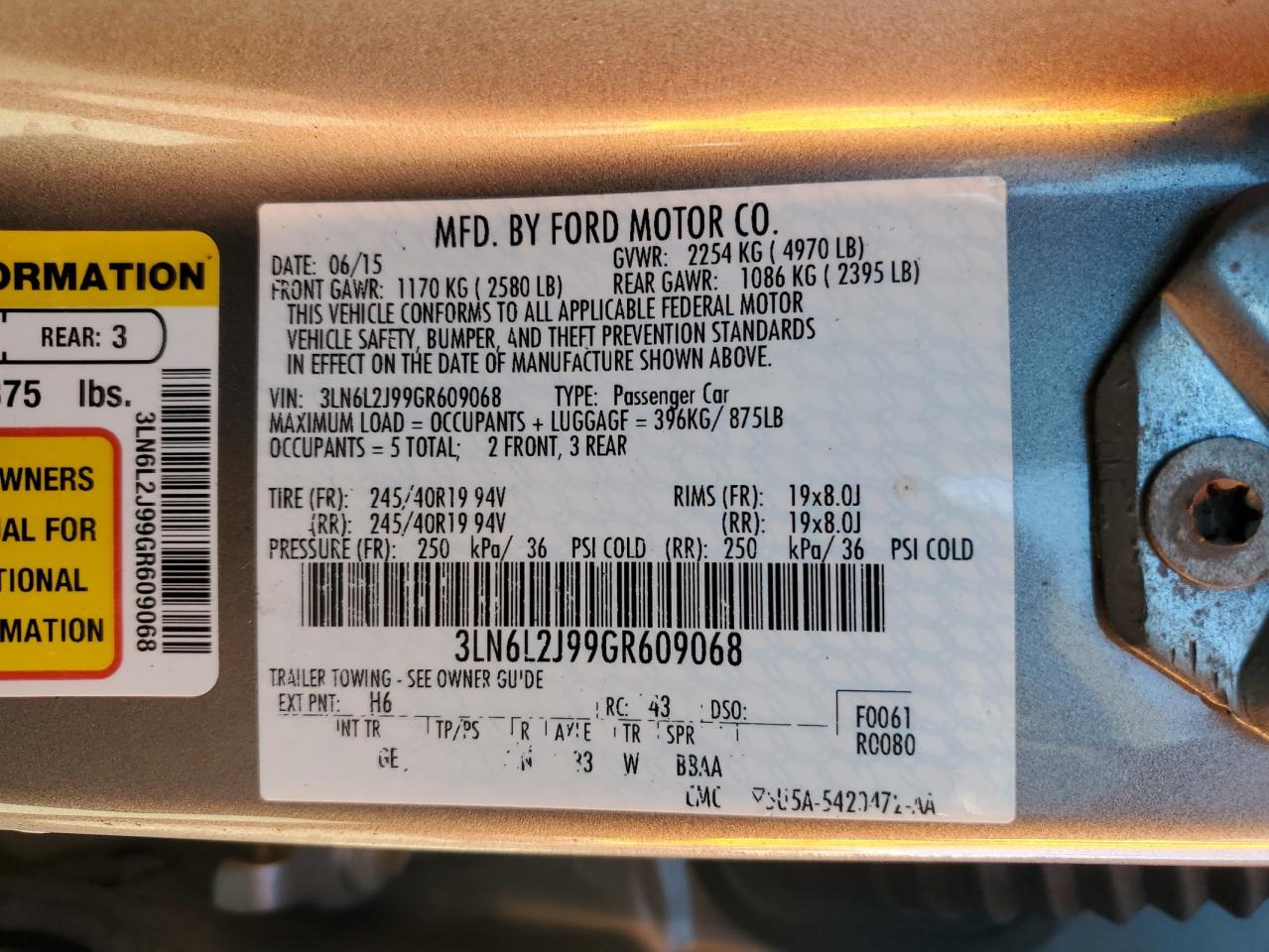 2016 Lincoln Mkz VIN: 3LN6L2J99GR609068 Lot: 86182725