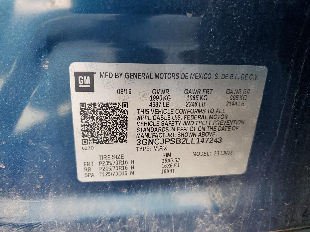 2020 Chevrolet Trax 1Lt VIN: 3GNCJPSB2LL147243 Lot: 90253735