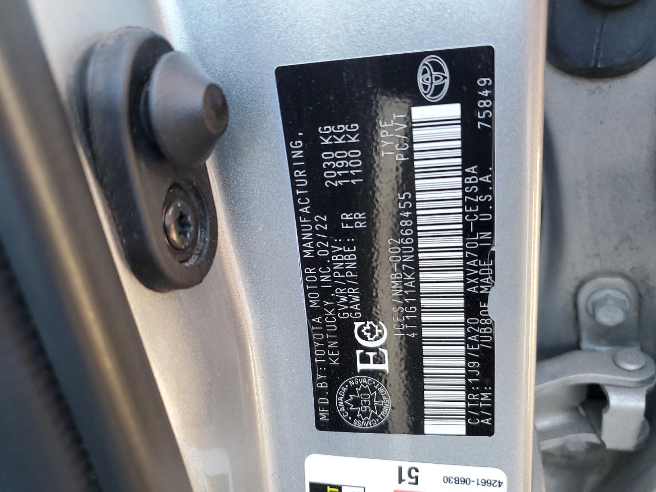 2022 Toyota Camry Se VIN: 4T1G11AK7NU668455 Lot: 84560635