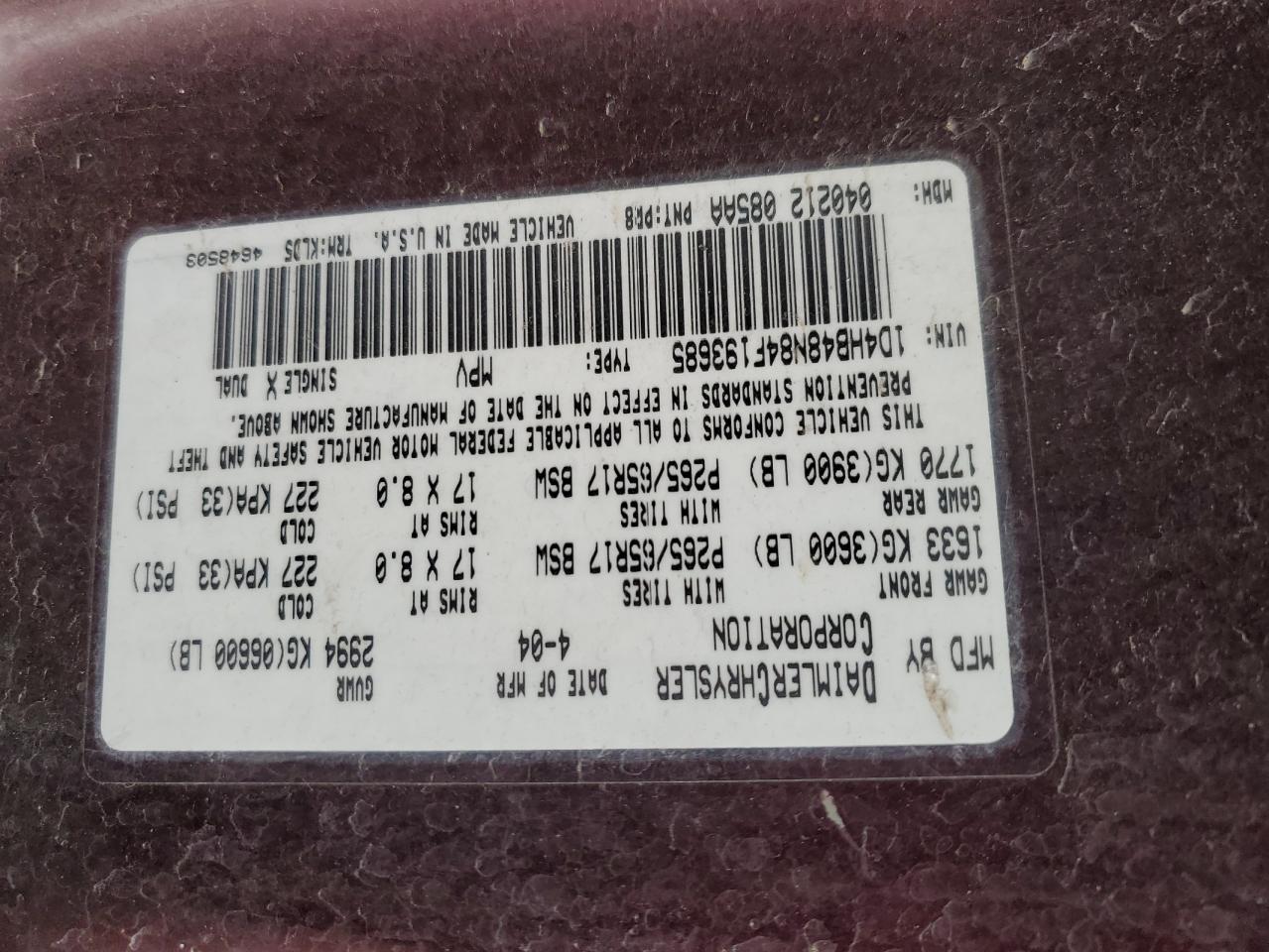 2004 Dodge Durango Slt VIN: 1D4HB48N84F193685 Lot: 82458985