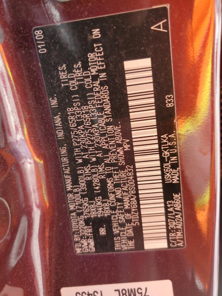 2008 Toyota Sequoia Limited VIN: 5TDZY68A78S004832 Lot: 86297685