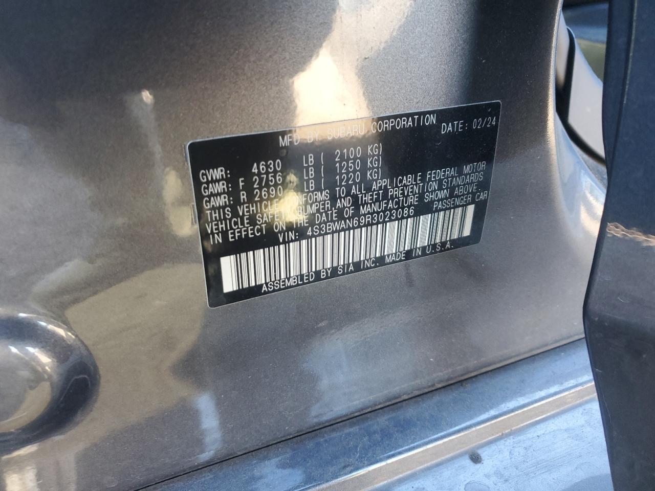 2024 Subaru Legacy Limited VIN: 4S3BWAN69R3023086 Lot: 89447455