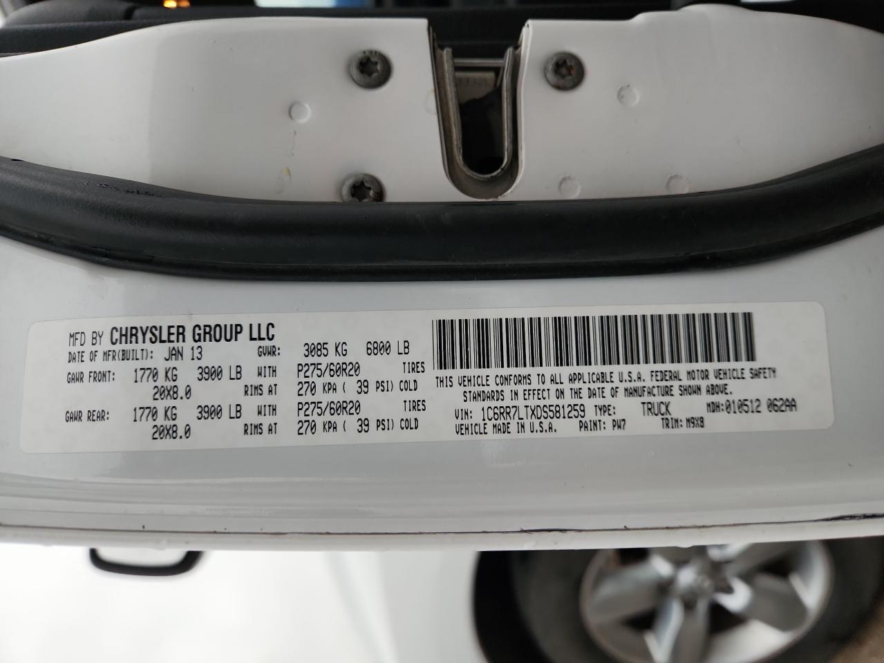 2013 Ram 1500 Slt VIN: 1C6RR7LTXDS581259 Lot: 82417545