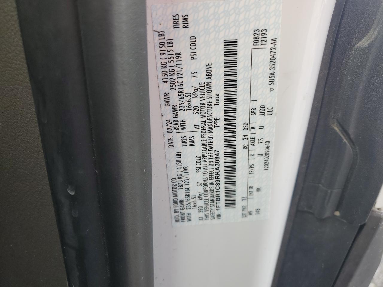 2024 Ford Transit T-250 VIN: 1FTBR1C89RKA30847 Lot: 85718115