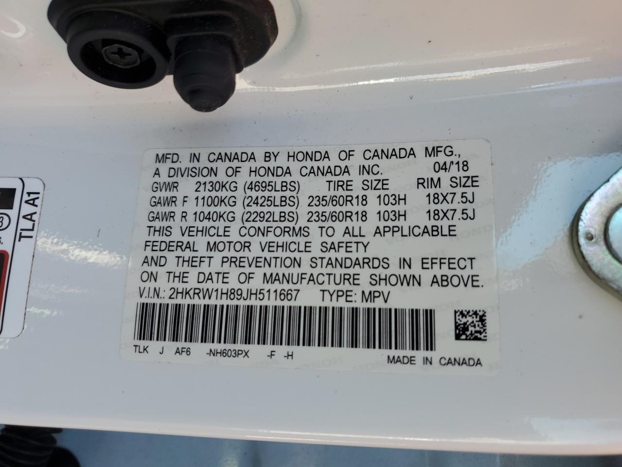 2018 Honda Cr-V Exl VIN: 2HKRW1H89JH511667 Lot: 84874905