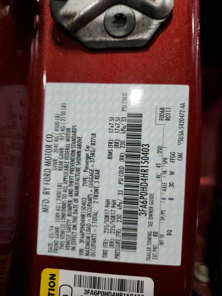 2017 Ford Fusion Se VIN: 3FA6P0HD4HR150403 Lot: 86272295