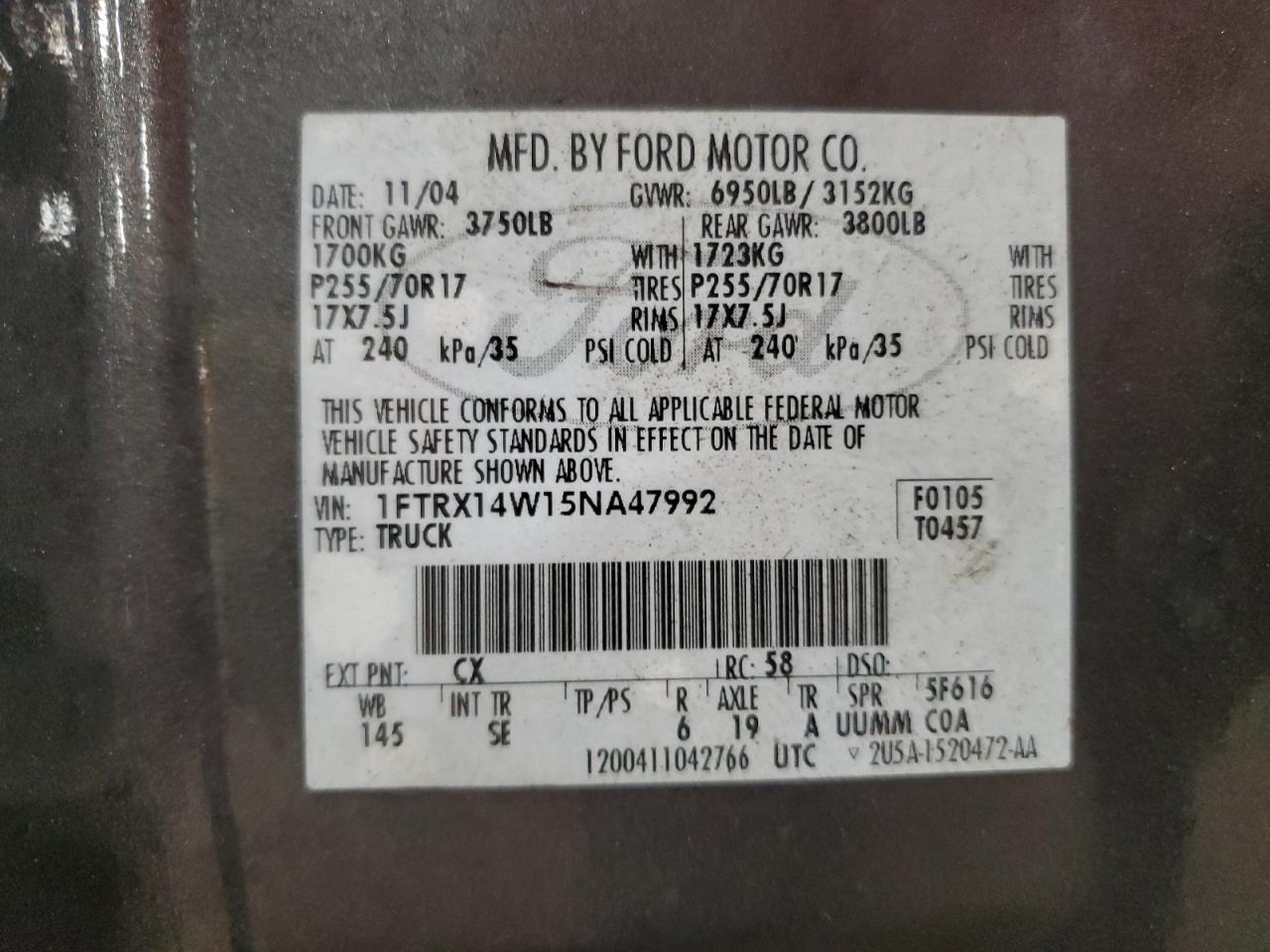 2005 Ford F150 VIN: 1FTRX14W15NA47992 Lot: 89543135