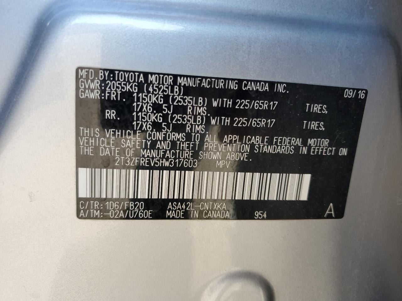 2017 Toyota Rav4 Le VIN: 2T3ZFREV5HW317603 Lot: 82204865