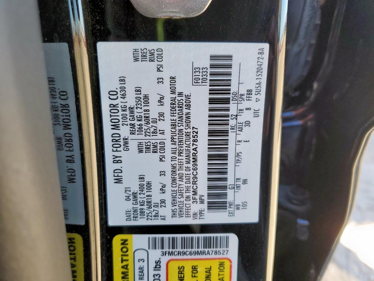 2021 Ford Bronco Sport Outer Banks VIN: 3FMCR9C69MRA78527 Lot: 82753615