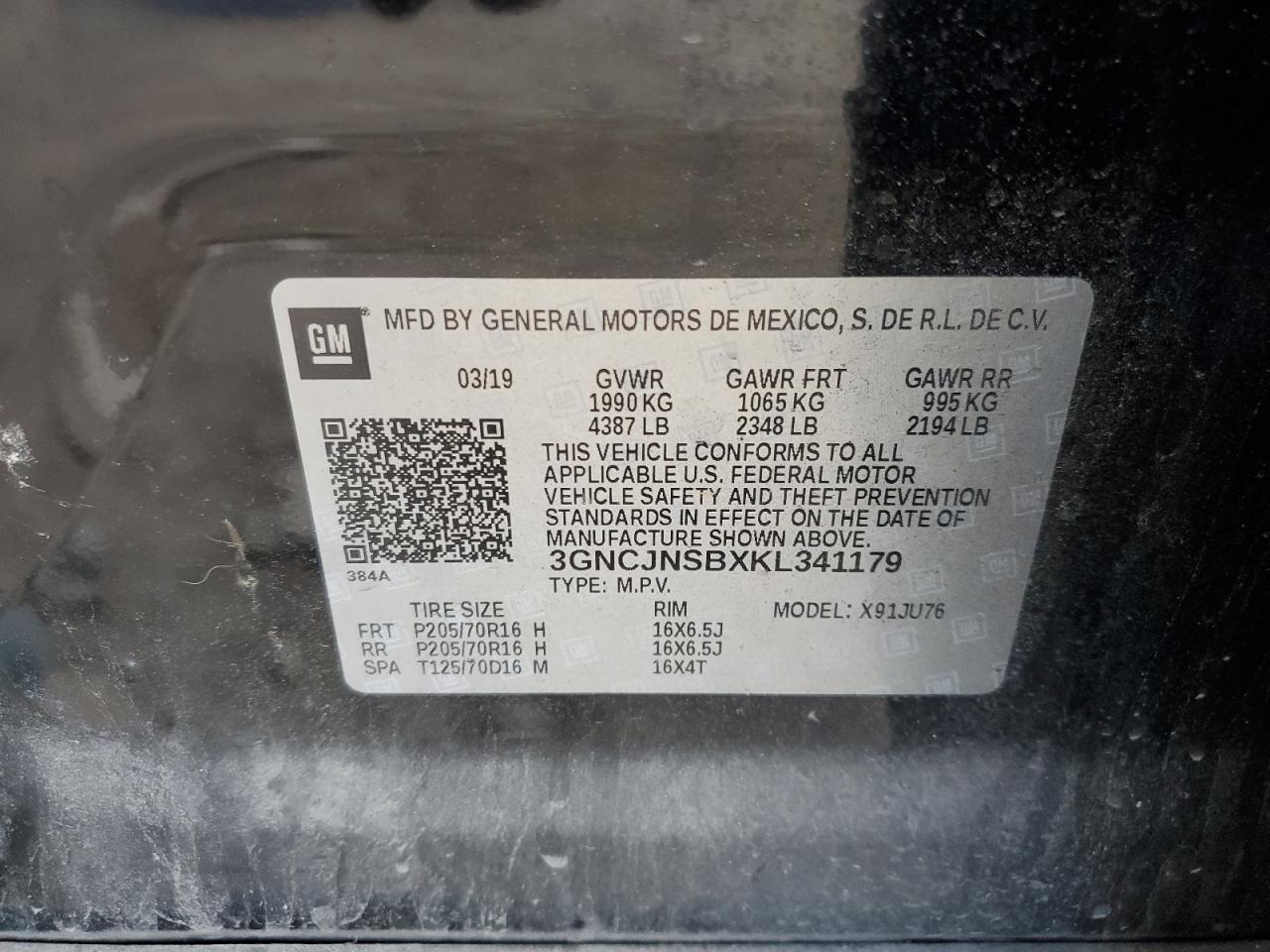 2019 Chevrolet Trax Ls VIN: 3GNCJNSBXKL341179 Lot: 89450595