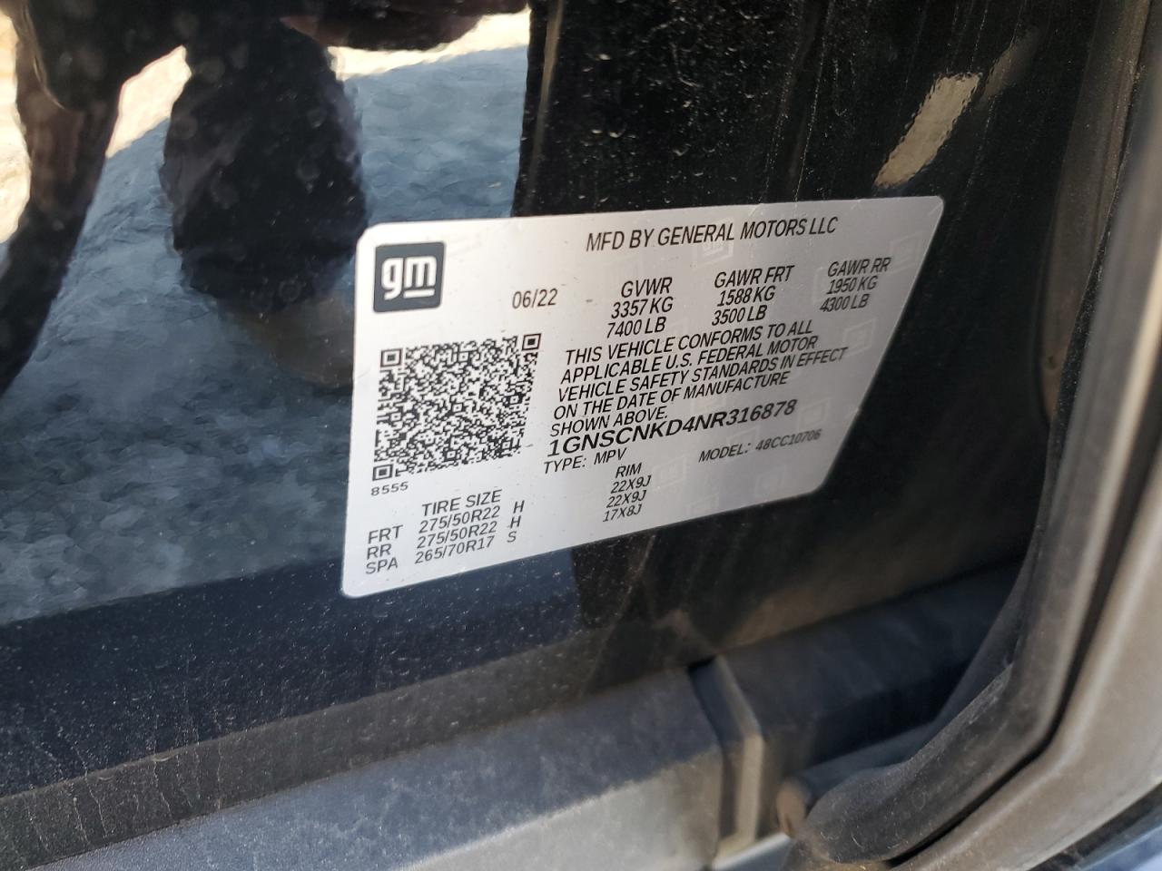 2022 Chevrolet Tahoe C1500 Lt VIN: 1GNSCNKD4NR316878 Lot: 90348295