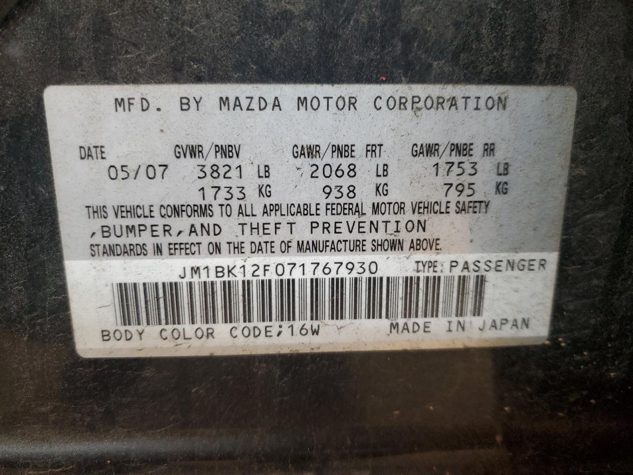 2007 Mazda 3 I VIN: JM1BK12F071767930 Lot: 85276435