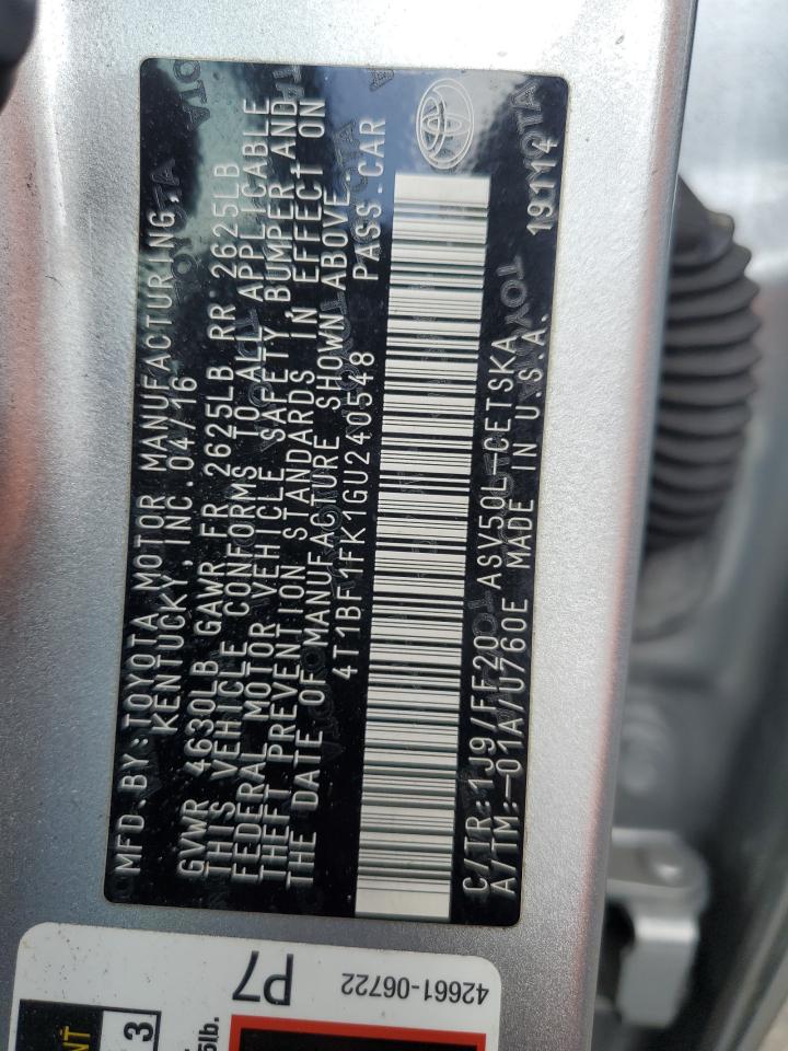 2016 Toyota Camry Le VIN: 4T1BF1FK1GU240548 Lot: 85272725