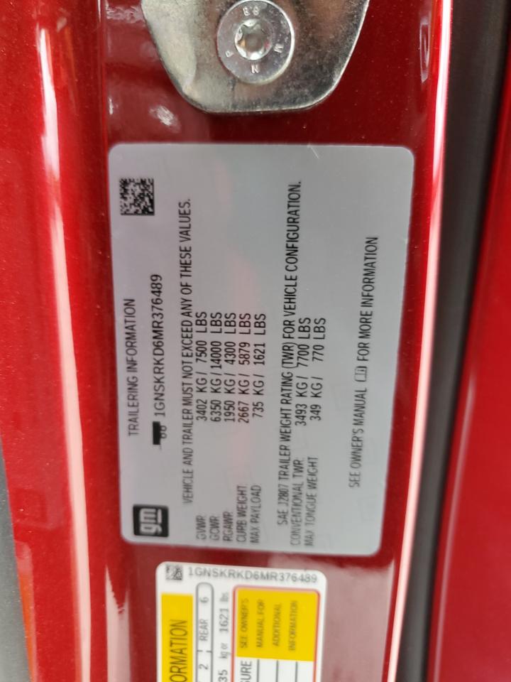 2021 Chevrolet Tahoe K1500 Rst VIN: 1GNSKRKD6MR376489 Lot: 82200745