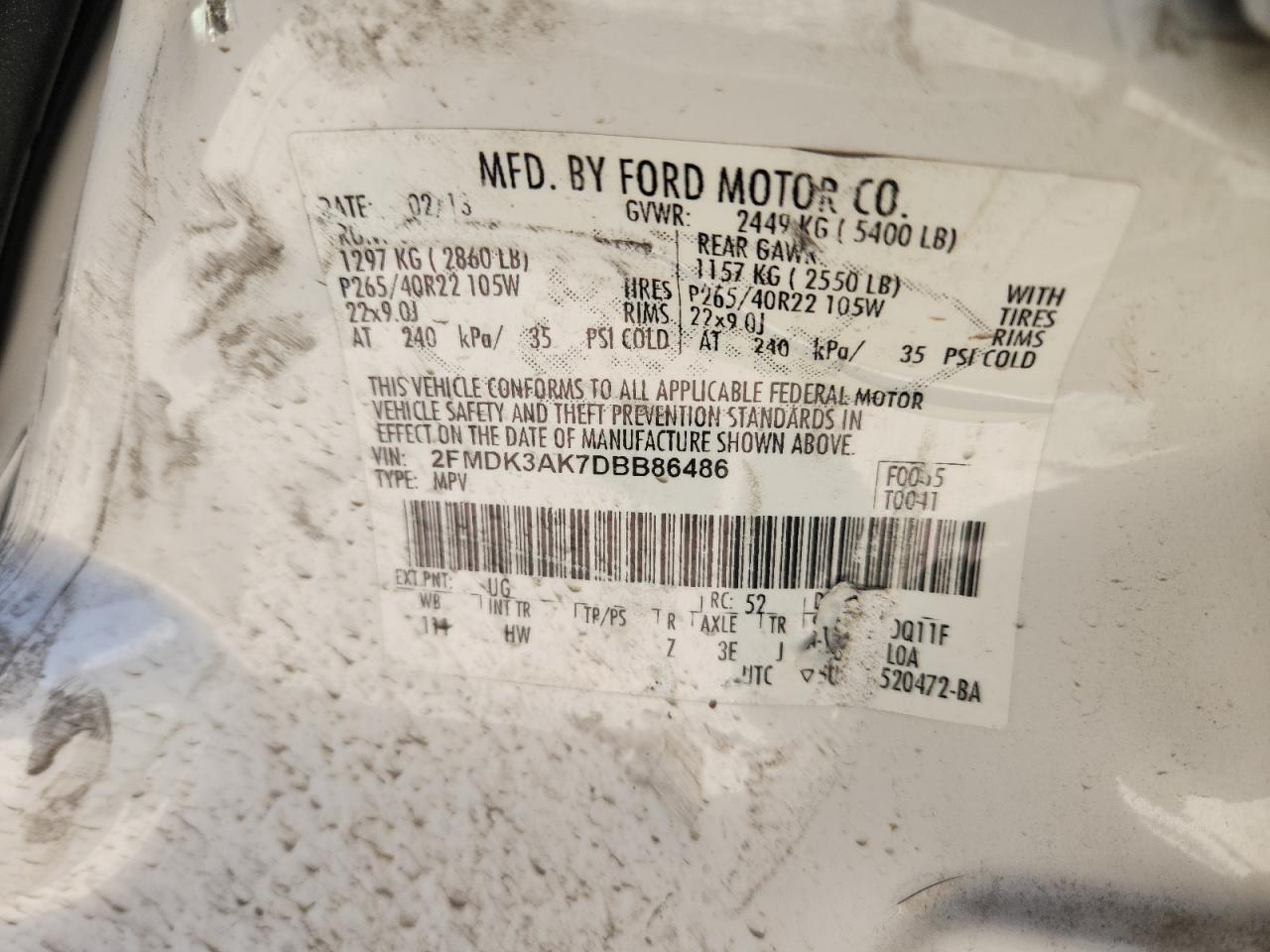 2013 Ford Edge Sport VIN: 2FMDK3AK7DBB86486 Lot: 87226895