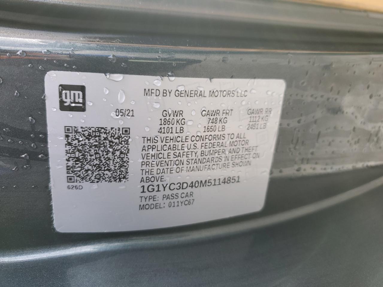 2021 Chevrolet Corvette Stingray 3Lt VIN: 1G1YC3D40M5114851 Lot: 90657415