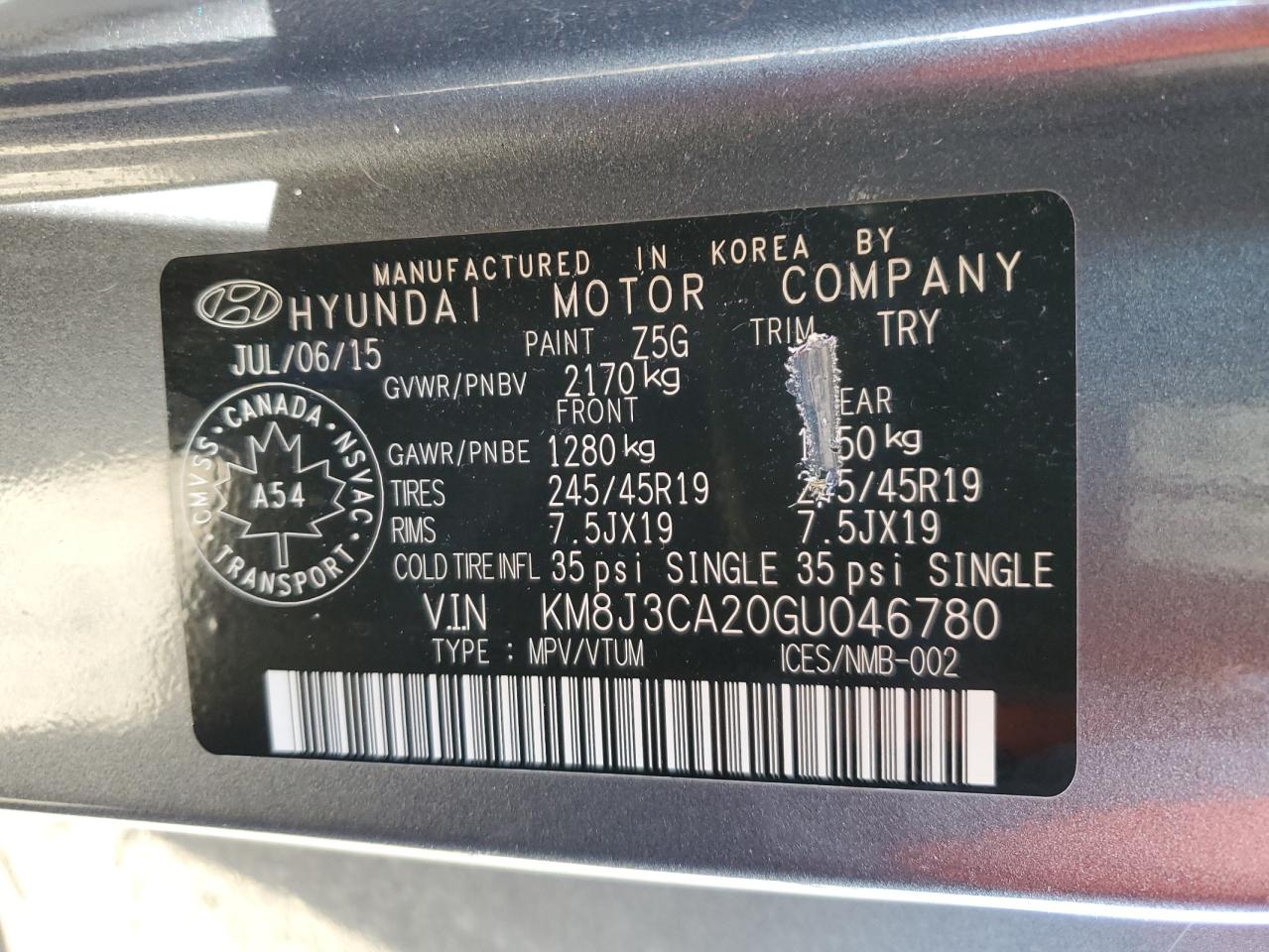 2016 Hyundai Tucson Limited VIN: KM8J3CA20GU046780 Lot: 85736995