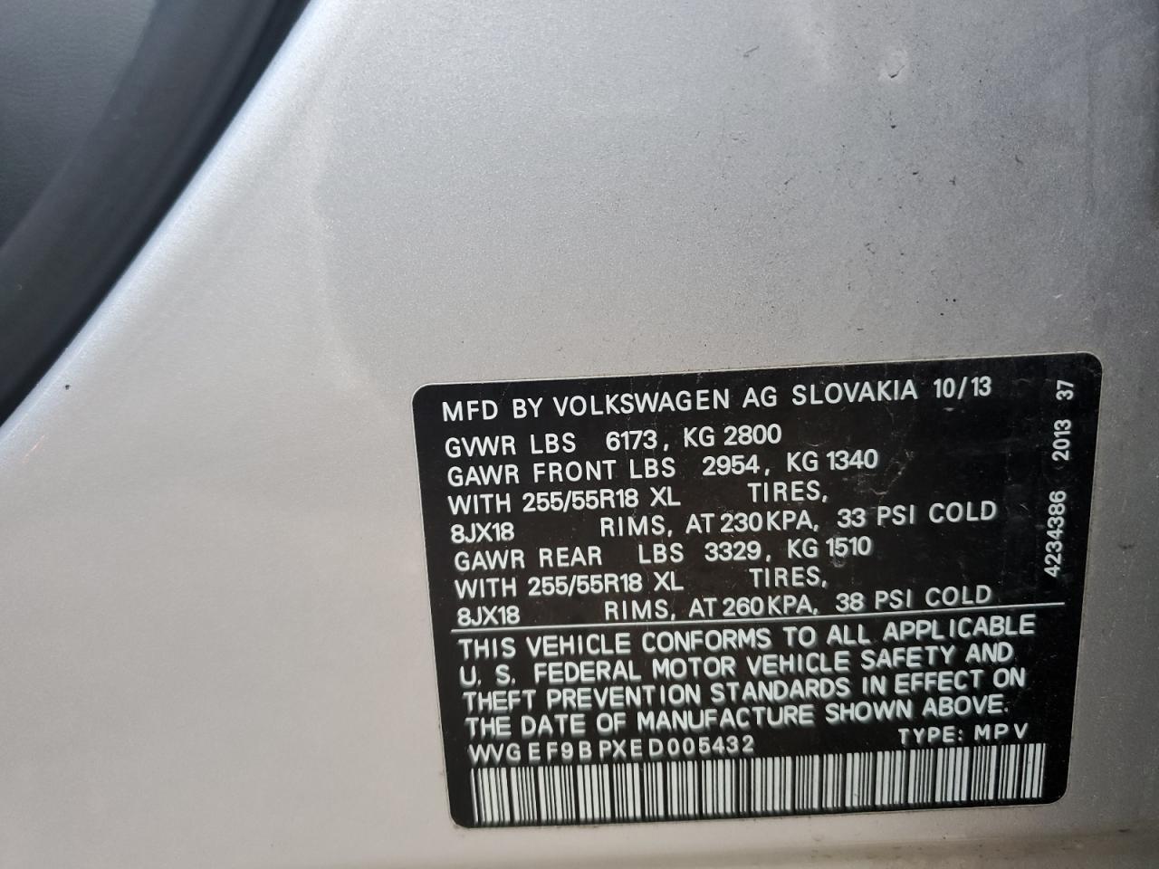 2014 Volkswagen Touareg V6 VIN: WVGEF9BPXED005432 Lot: 87380495