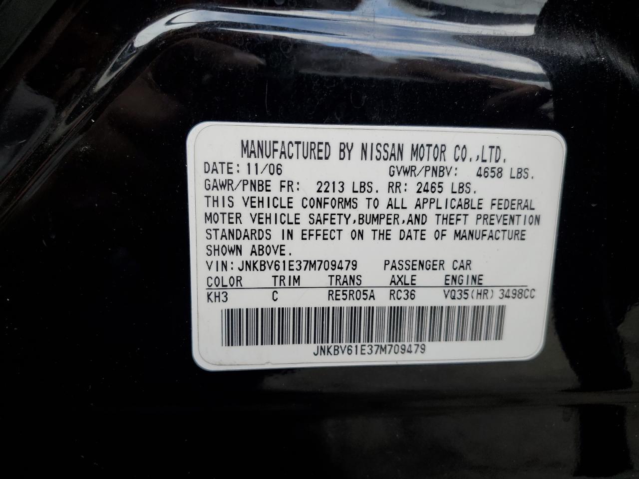 2007 Infiniti G35 VIN: JNKBV61E37M709479 Lot: 82209225