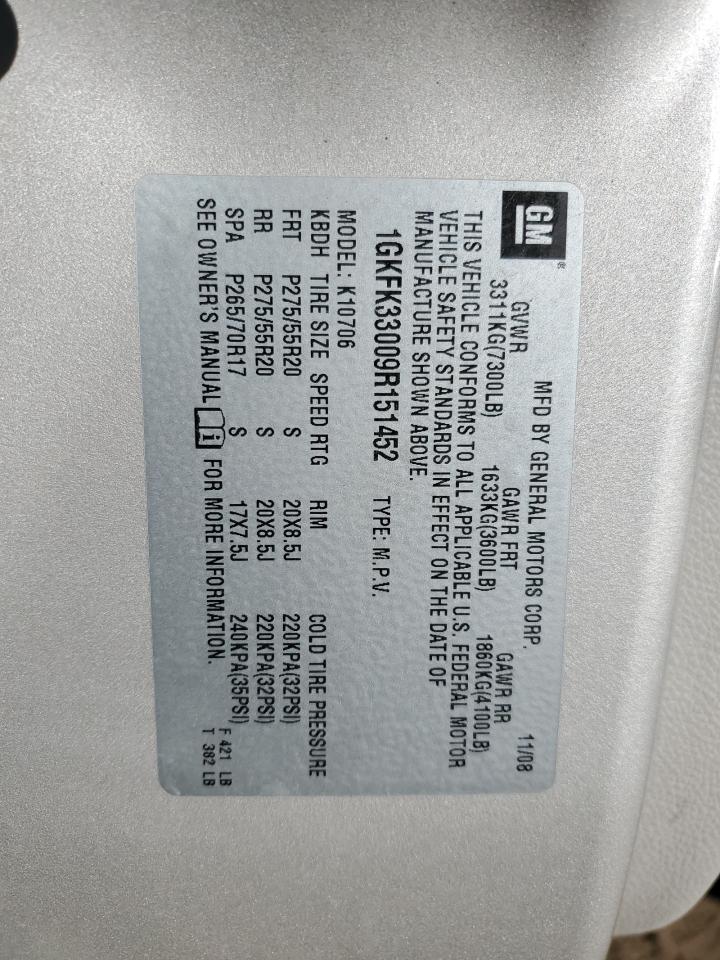 2009 GMC Yukon Slt VIN: 1GKFK33009R151452 Lot: 84011485