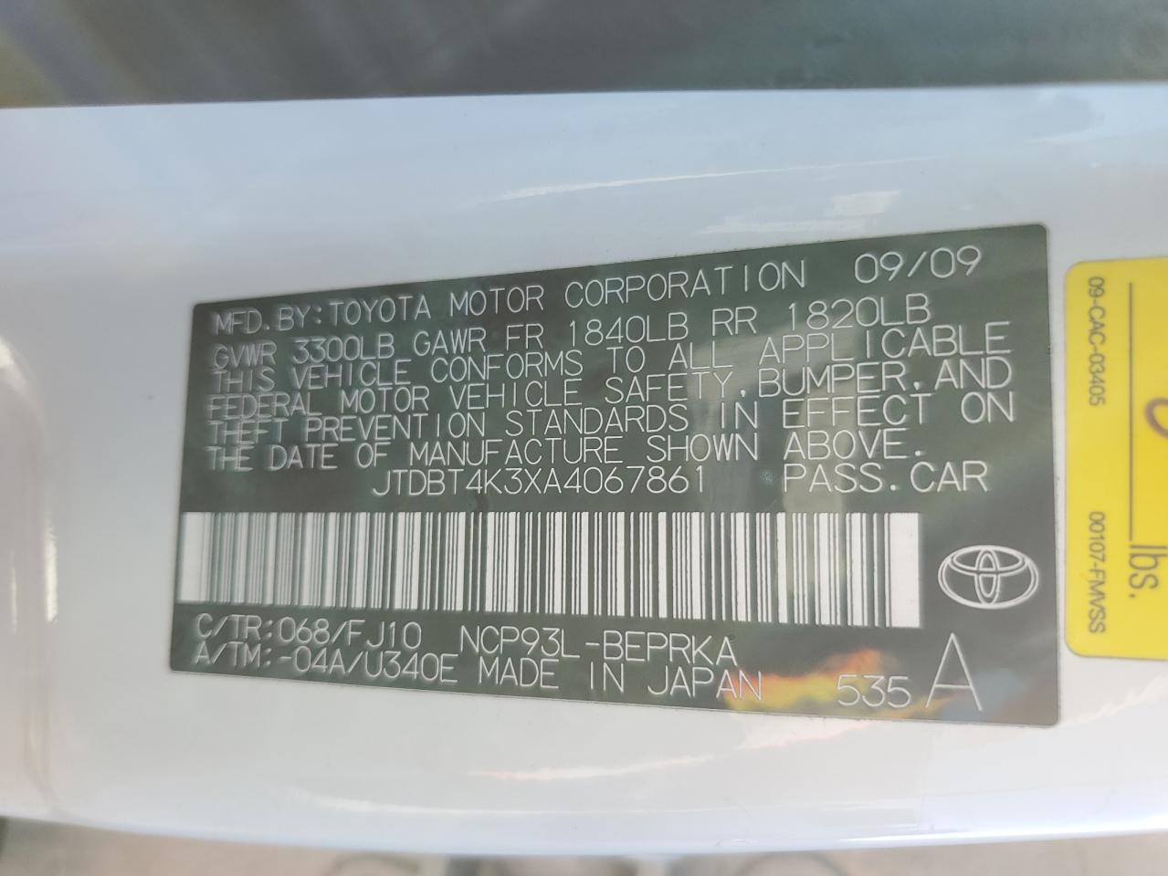 2010 Toyota Yaris VIN: JTDBT4K3XA4067861 Lot: 89543565