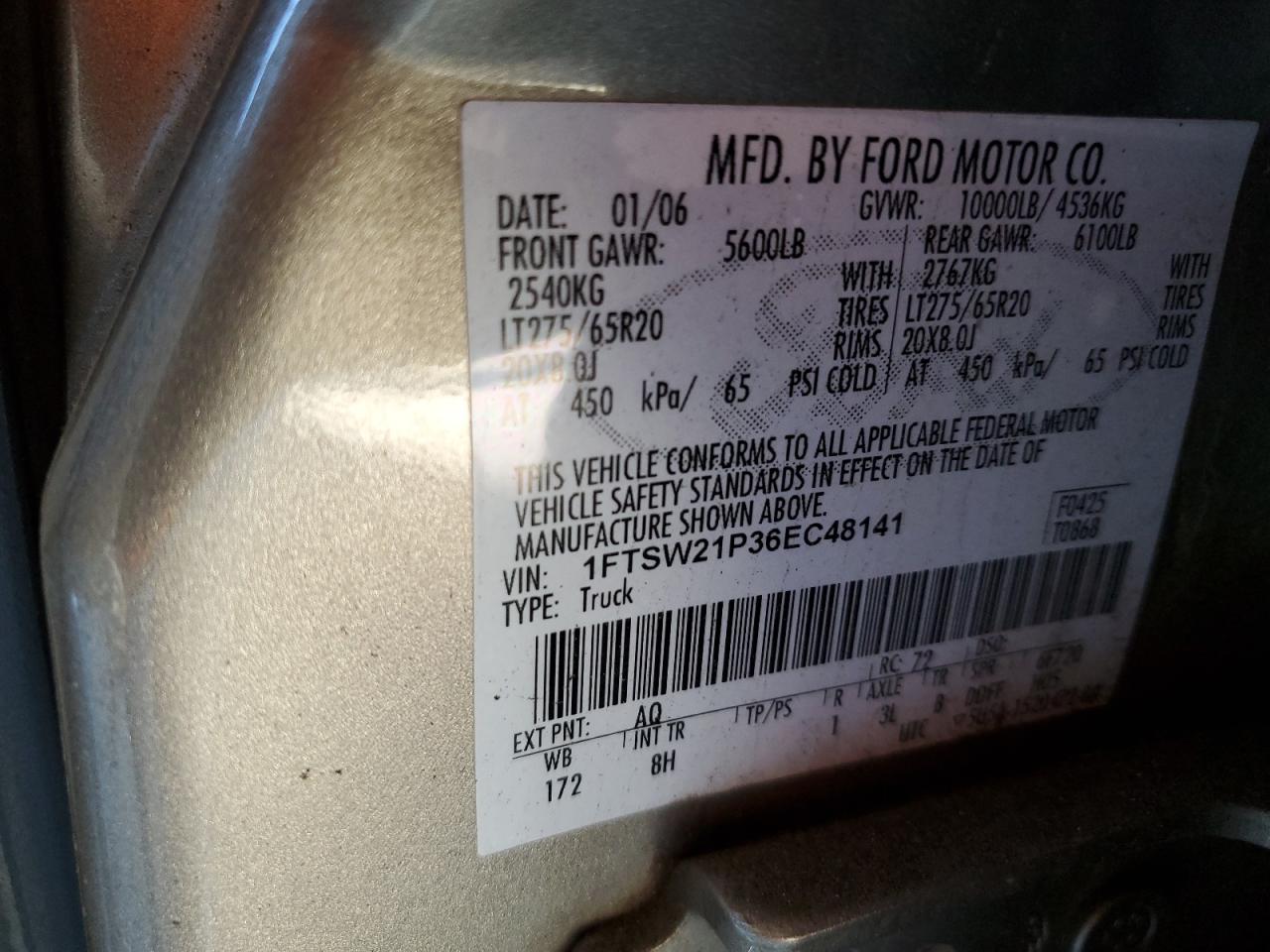 2006 Ford F250 Super Duty VIN: 1FTSW21P36EC48141 Lot: 90565375