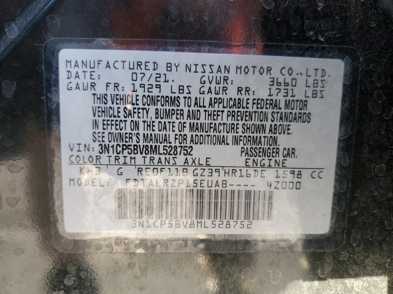 2021 Nissan Kicks S VIN: 3N1CP5BV8ML528752 Lot: 82193935