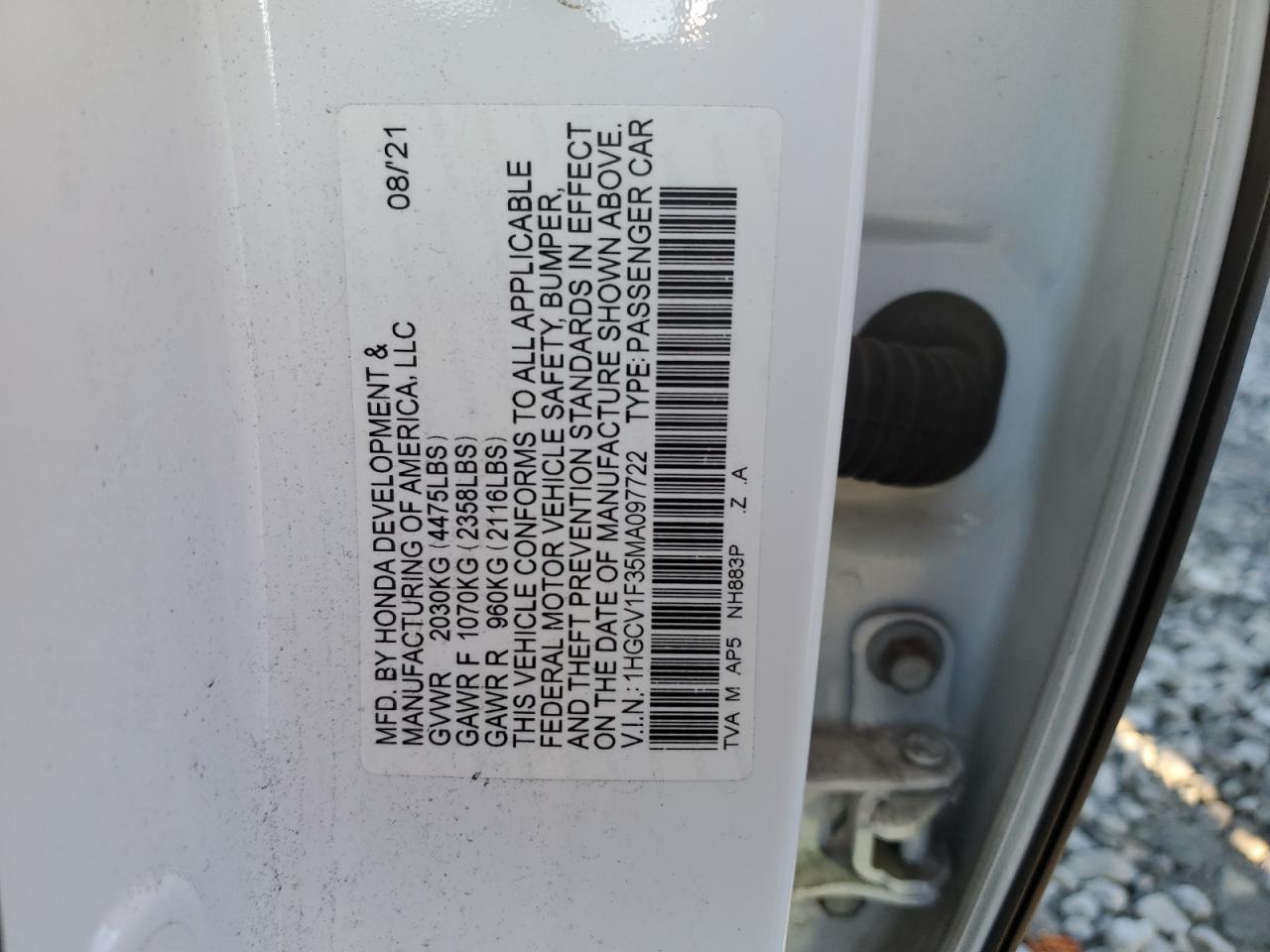 2021 Honda Accord Sport VIN: 1HGCV1F35MA097722 Lot: 85762405