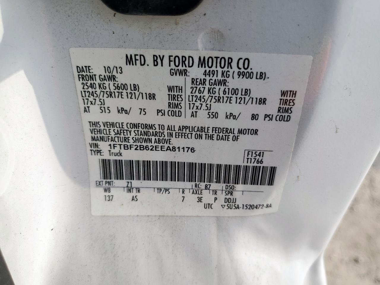 2014 Ford F250 Super Duty VIN: 1FTBF2B62EEA81176 Lot: 85307735