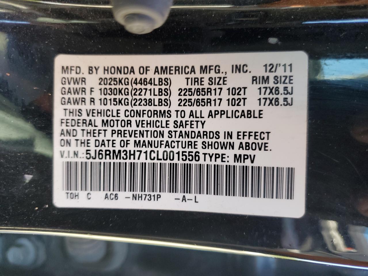 2012 Honda Cr-V Exl VIN: 5J6RM3H71CL001556 Lot: 82681635