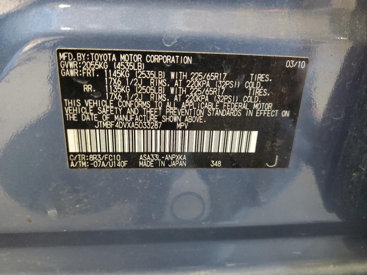 2010 Toyota Rav4 VIN: JTMBF4DVXA5033287 Lot: 82563085