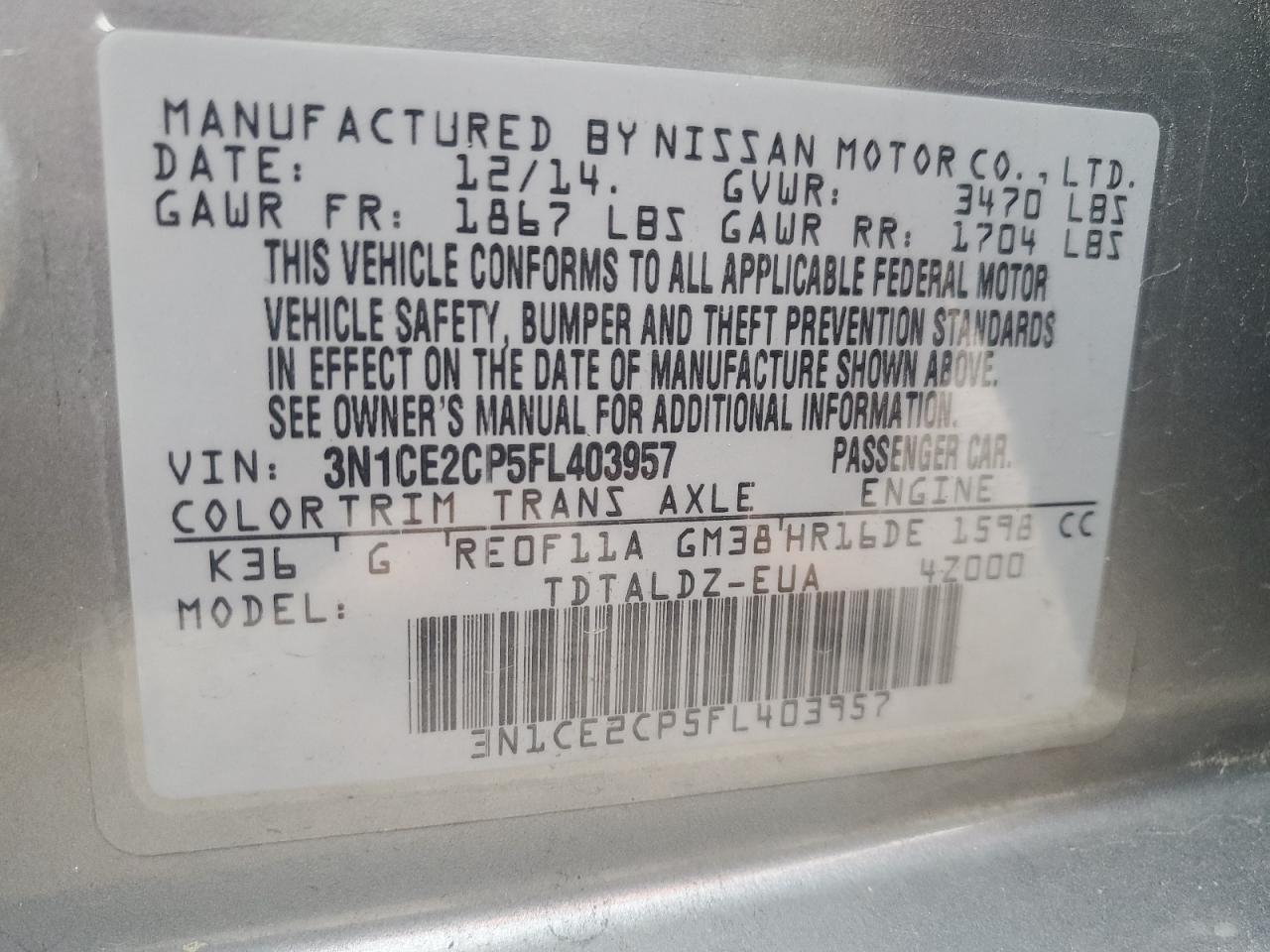 2015 Nissan Versa Note S VIN: 3N1CE2CP5FL403957 Lot: 86636745