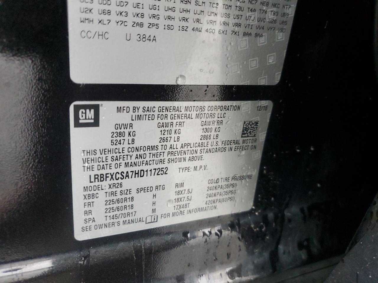 2017 Buick Envision Preferred VIN: LRBFXCSA7HD117252 Lot: 82773835