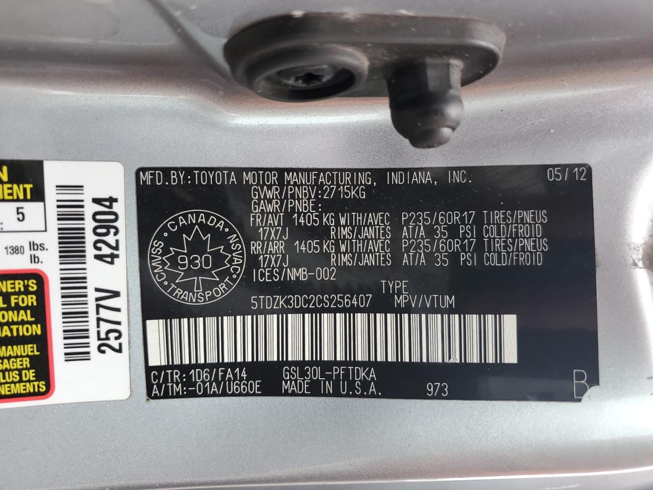 2012 Toyota Sienna VIN: 5TDZK3DC2CS256407 Lot: 84776275