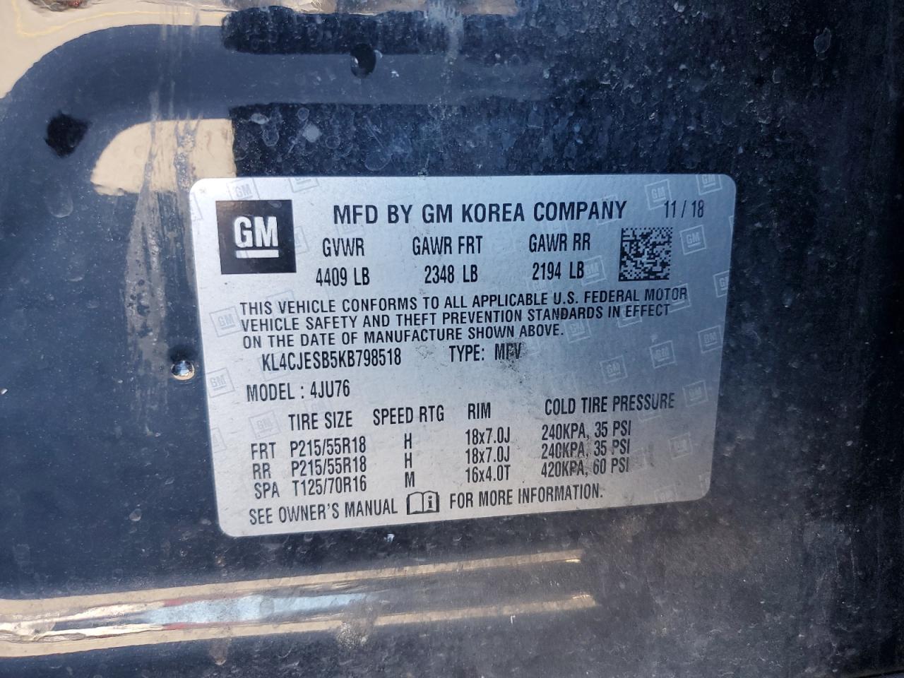 2019 Buick Encore Preferred VIN: KL4CJESB5KB798518 Lot: 85698495