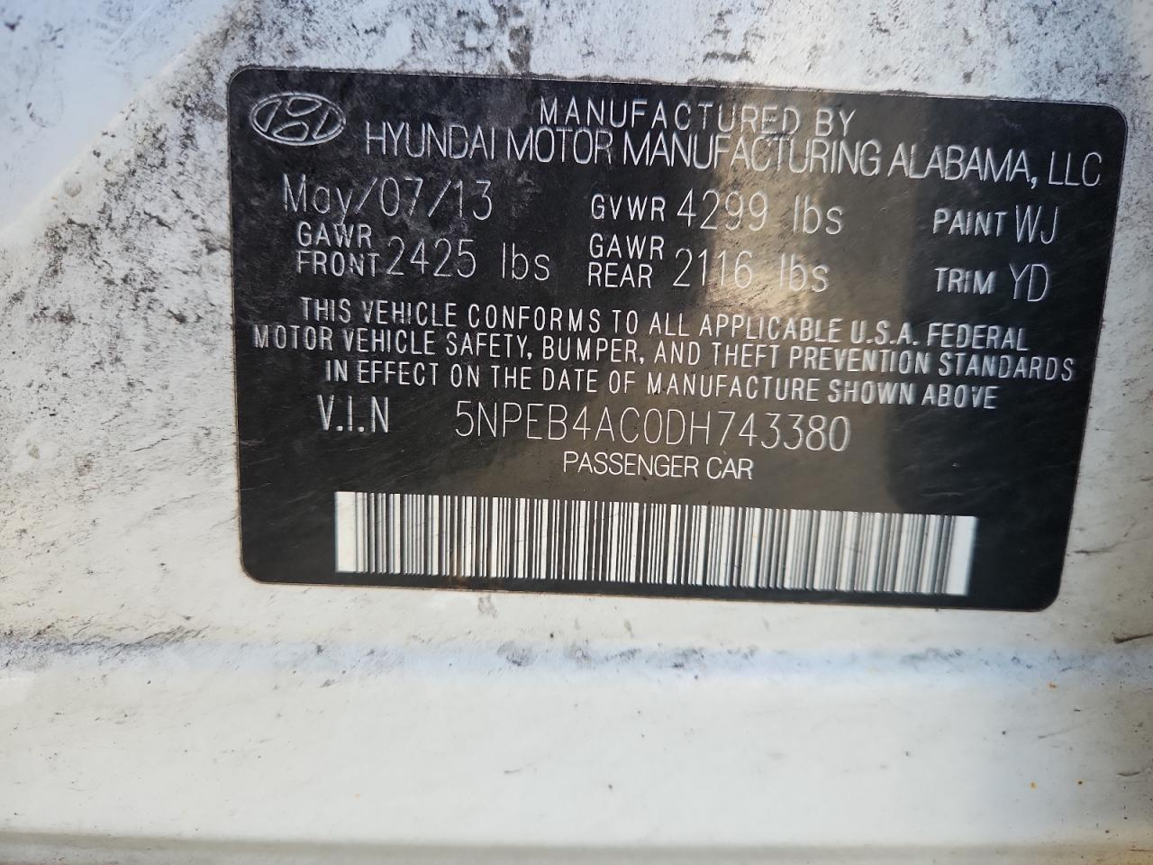 2013 Hyundai Sonata Gls VIN: 5NPEB4AC0DH743380 Lot: 86605905