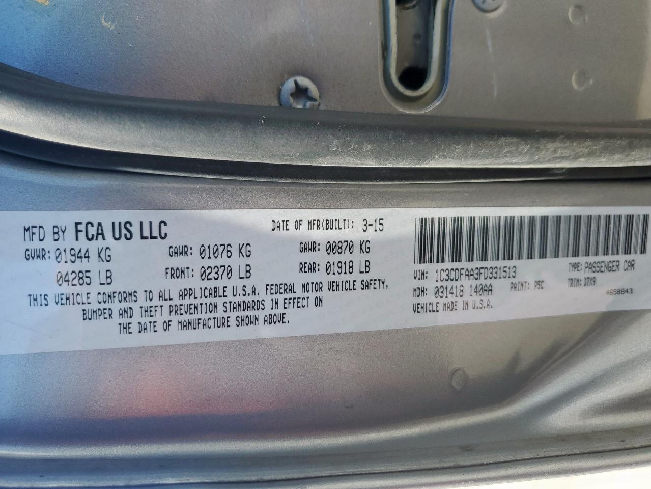 2015 Dodge Dart Se VIN: 1C3CDFAA3FD331513 Lot: 86157875