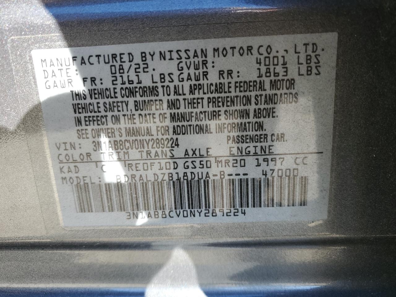 2022 Nissan Sentra Sv VIN: 3N1AB8CV0NY289224 Lot: 85598595