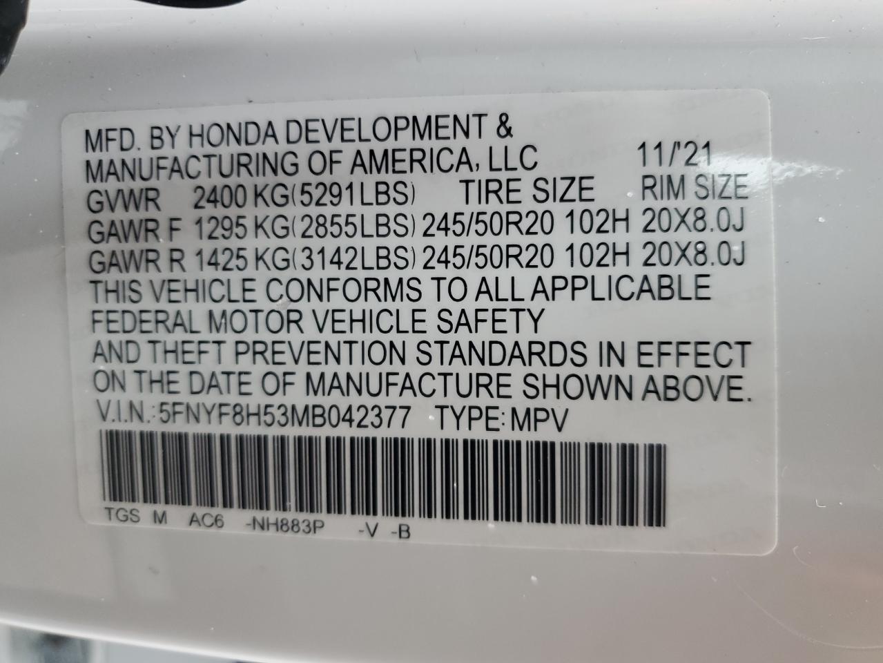 2021 Honda Passport Exl VIN: 5FNYF8H53MB042377 Lot: 90366425