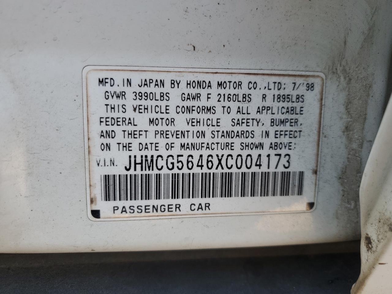 1999 Honda Accord Lx VIN: JHMCG5646XC004173 Lot: 81914455