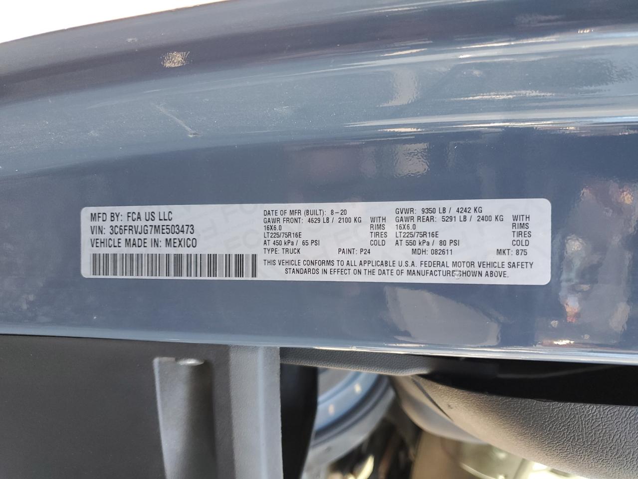 2021 Ram Promaster 3500 3500 High VIN: 3C6FRVJG7ME503473 Lot: 96627655