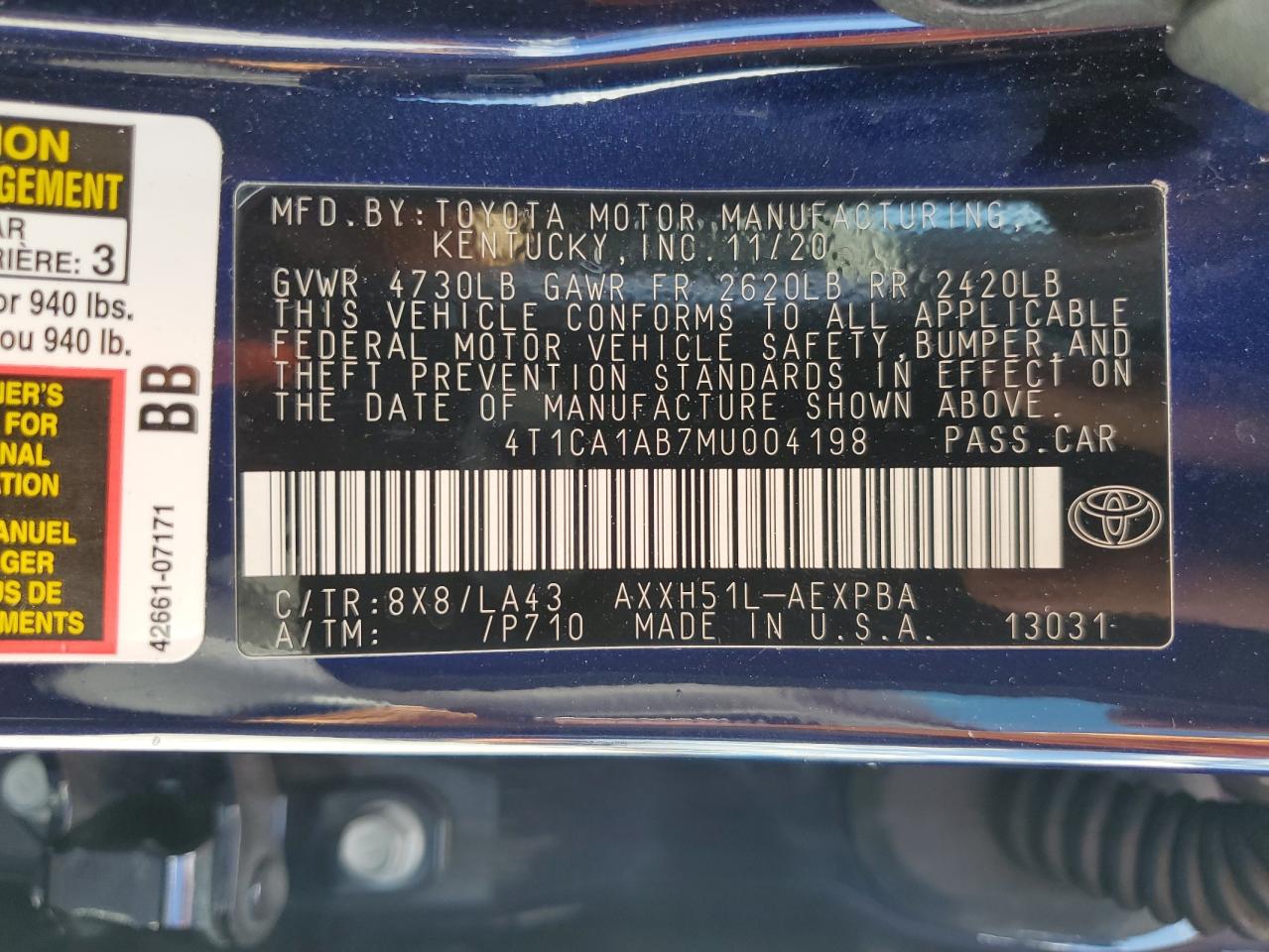 2021 Toyota Avalon Limited VIN: 4T1CA1AB7MU004198 Lot: 86875975